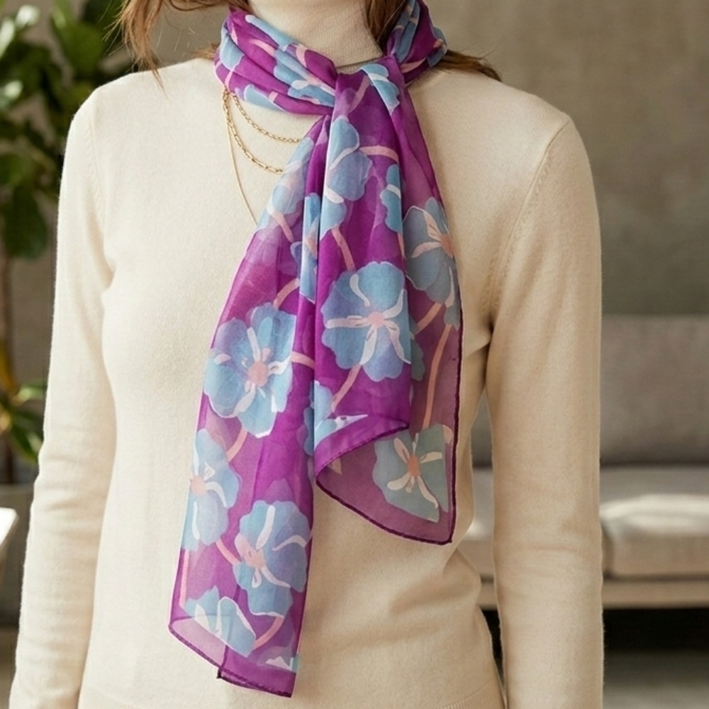 NWT Floral Sheer Scarf - Purple & Blue Morning Glory 63" × 20"